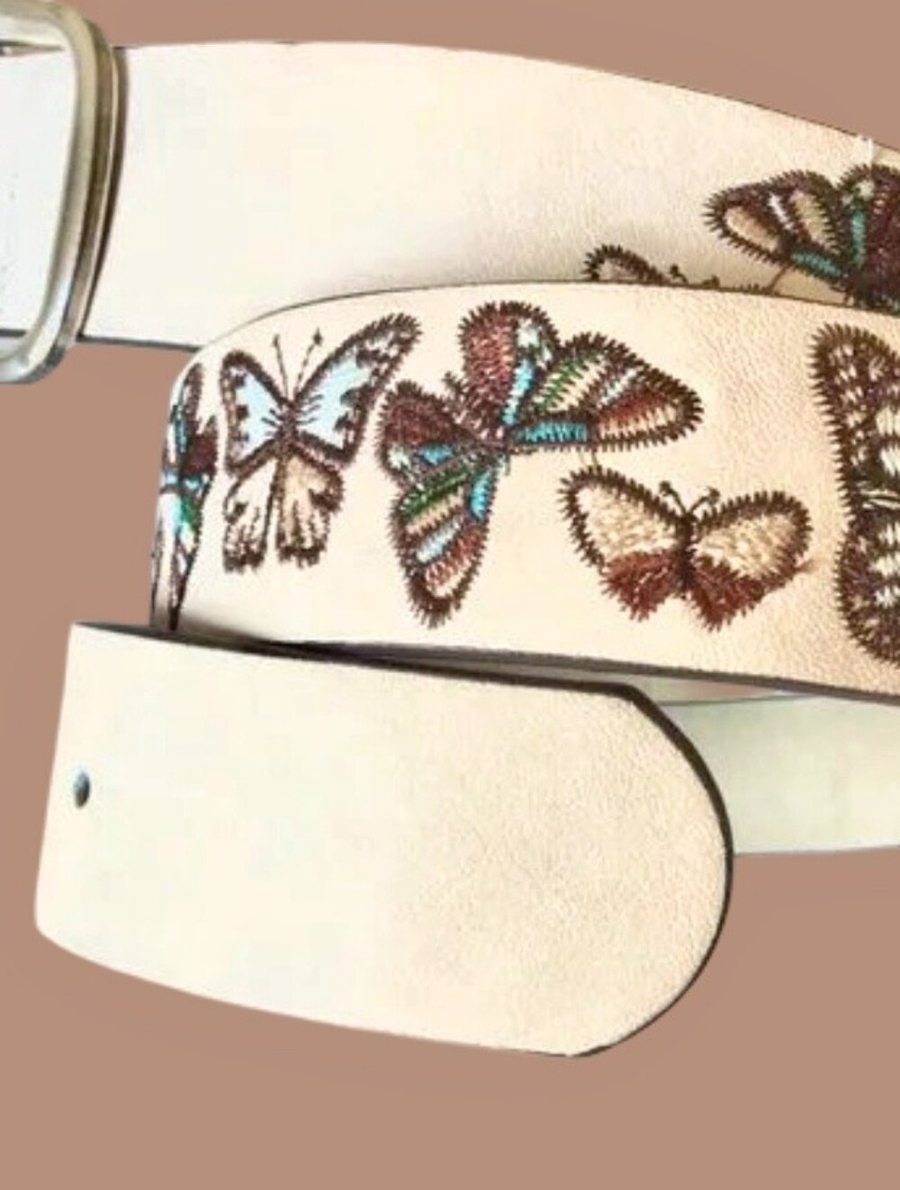 🦋Embroidered Butterfly Beige Women's Belt With Silver Buckle